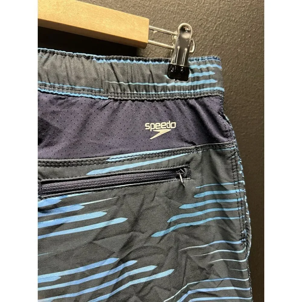 Speedo Men's Swim Trunks Shorts Sz L Blue Lined Pockets Beach Surf Bathing Suit